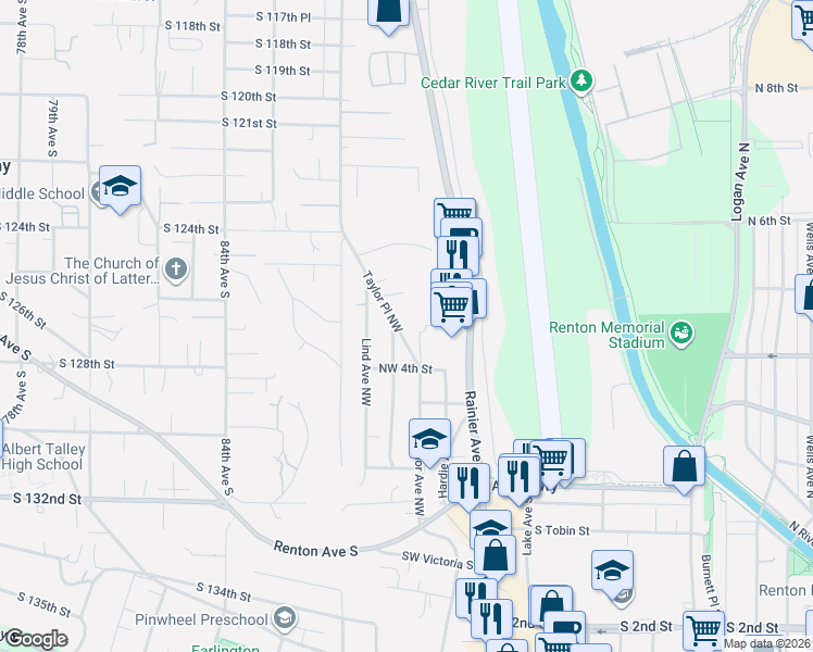 map of restaurants, bars, coffee shops, grocery stores, and more near 452 Taylor Place Northwest in Renton