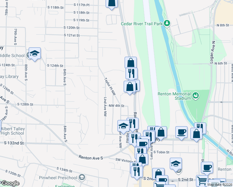map of restaurants, bars, coffee shops, grocery stores, and more near 452 Taylor Place Northwest in Renton