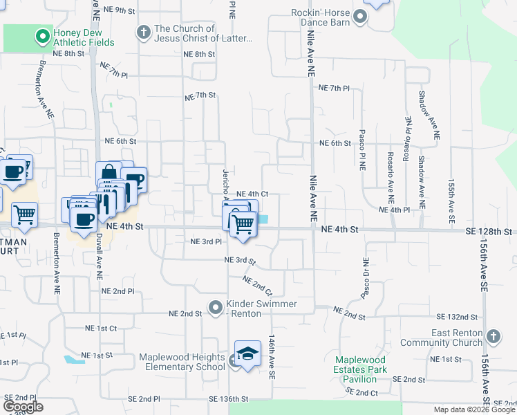 map of restaurants, bars, coffee shops, grocery stores, and more near 415 Kitsap Avenue Northeast in Renton