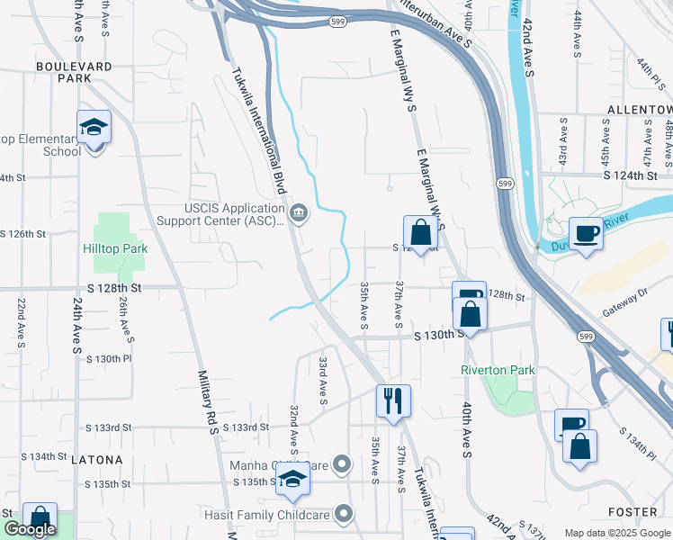map of restaurants, bars, coffee shops, grocery stores, and more near 12500 Tukwila International Boulevard in Tukwila
