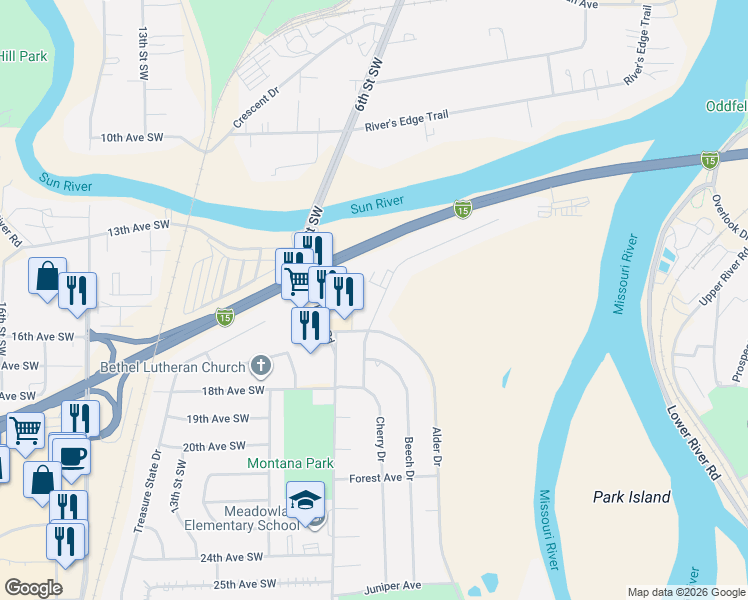 map of restaurants, bars, coffee shops, grocery stores, and more near 1536 Meadowlark Drive in Great Falls