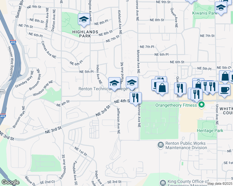 map of restaurants, bars, coffee shops, grocery stores, and more near 479 Kirkland Avenue Northeast in Renton