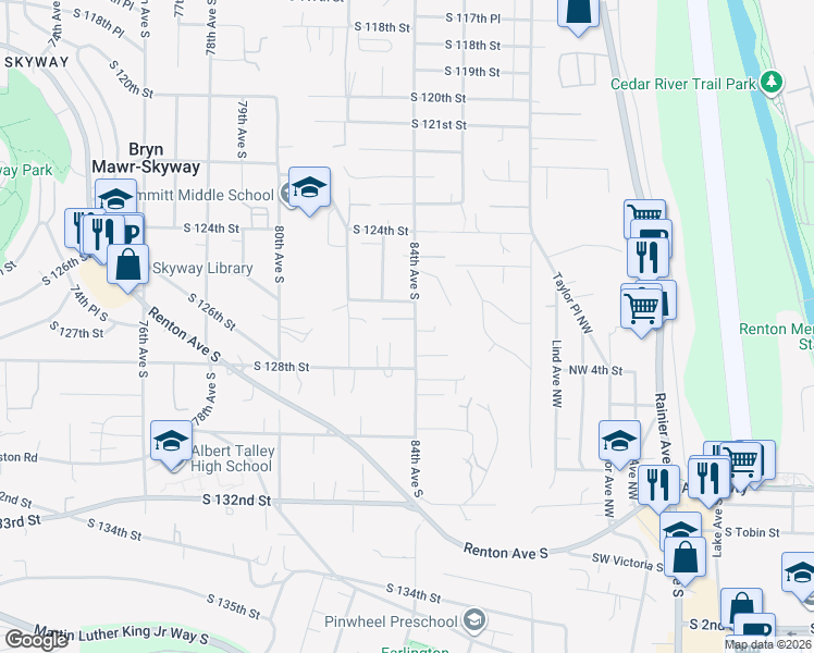 map of restaurants, bars, coffee shops, grocery stores, and more near 12540 84th Avenue South in Renton