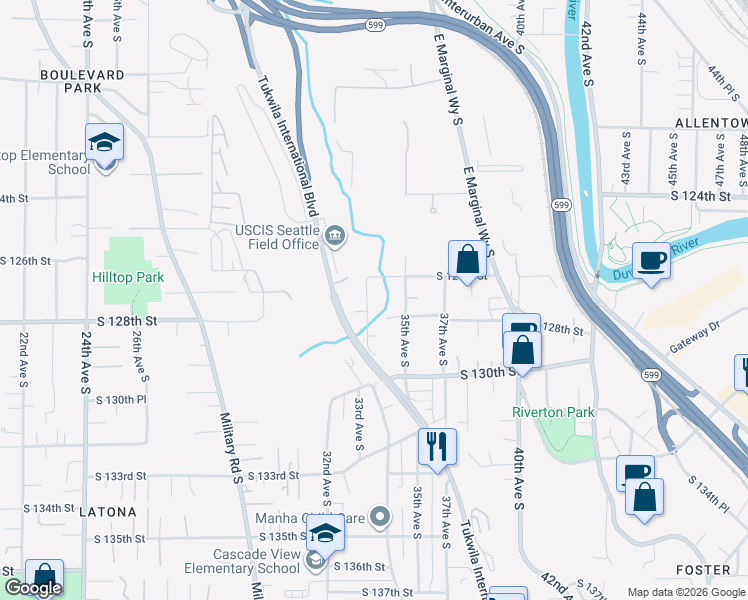 map of restaurants, bars, coffee shops, grocery stores, and more near 12500 Tukwila International Boulevard in Tukwila