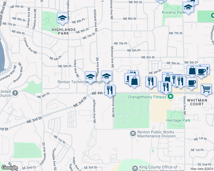 map of restaurants, bars, coffee shops, grocery stores, and more near 3000 Northeast 4th Street in Renton