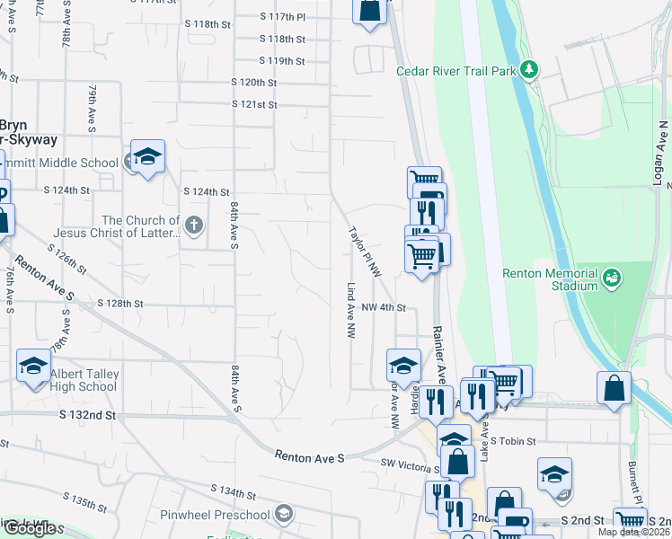 map of restaurants, bars, coffee shops, grocery stores, and more near 426 Stevens Avenue Northwest in Renton