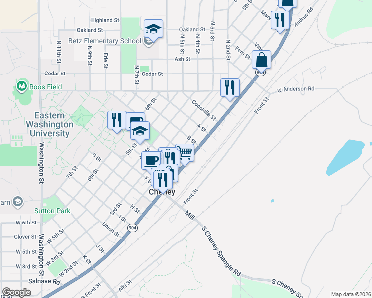 map of restaurants, bars, coffee shops, grocery stores, and more near 624 2nd Street in Cheney