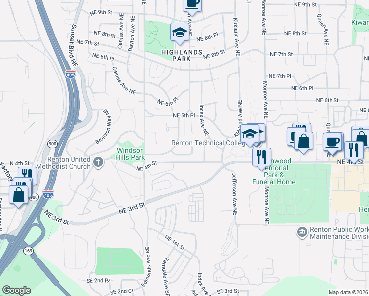 map of restaurants, bars, coffee shops, grocery stores, and more near 466 Ferndale Avenue Northeast in Renton