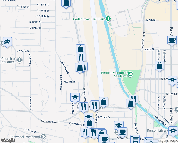 map of restaurants, bars, coffee shops, grocery stores, and more near 540A Perimeter Road West in Renton