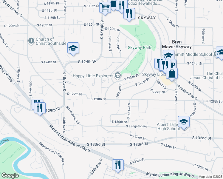 map of restaurants, bars, coffee shops, grocery stores, and more near 6901 South 123rd Street in Seattle