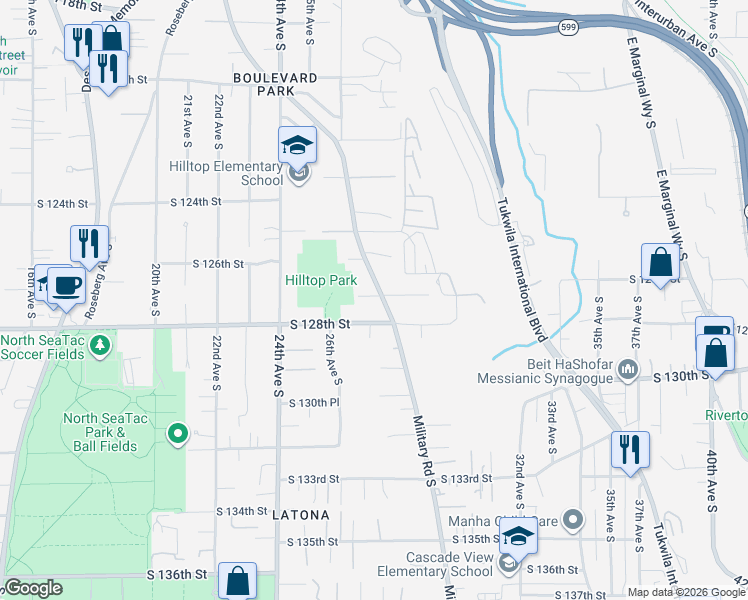 map of restaurants, bars, coffee shops, grocery stores, and more near 12620 Military Road South in Seattle