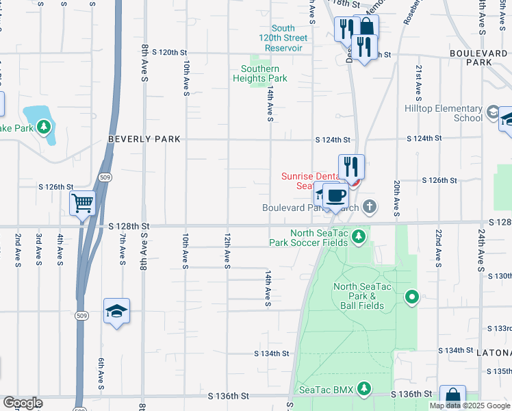 map of restaurants, bars, coffee shops, grocery stores, and more near 12607 14th Avenue South in Seattle