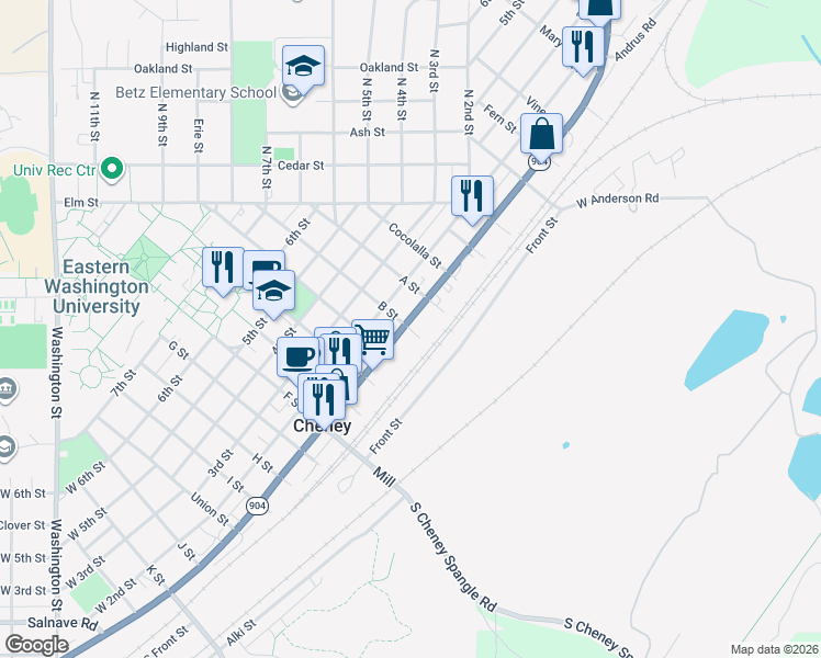 map of restaurants, bars, coffee shops, grocery stores, and more near South B Street in Cheney