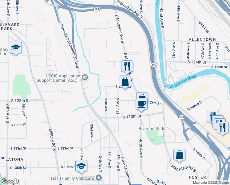 map of restaurants, bars, coffee shops, grocery stores, and more near 3525 South 126th Street in Tukwila