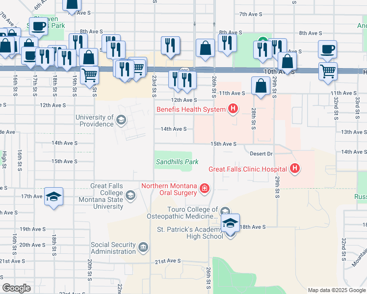 map of restaurants, bars, coffee shops, grocery stores, and more near 2400 14th Avenue South in Great Falls