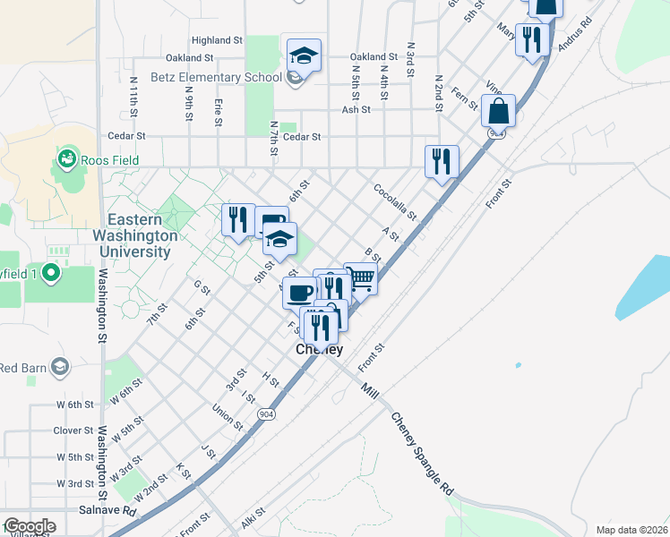 map of restaurants, bars, coffee shops, grocery stores, and more near 624 2nd Street in Cheney
