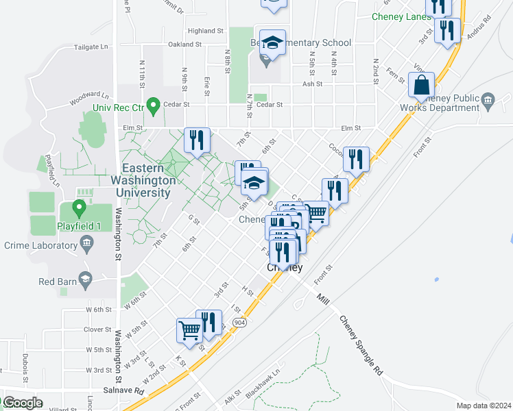 map of restaurants, bars, coffee shops, grocery stores, and more near 524 5th Street in Cheney