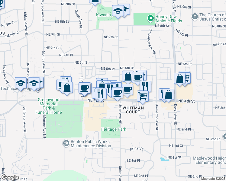 map of restaurants, bars, coffee shops, grocery stores, and more near 4042 Northeast 4th Place in Renton