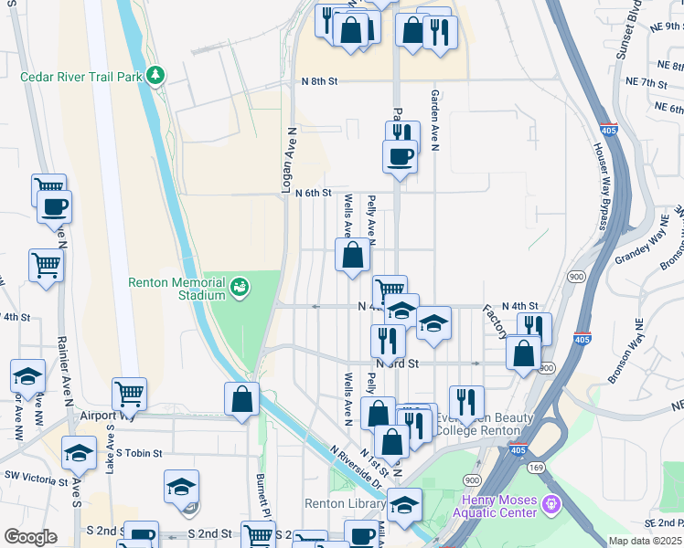map of restaurants, bars, coffee shops, grocery stores, and more near 447 Wells Avenue North in Renton