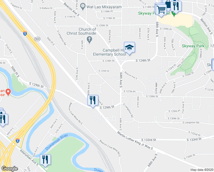 map of restaurants, bars, coffee shops, grocery stores, and more near 6140 South Langston Road in Seattle