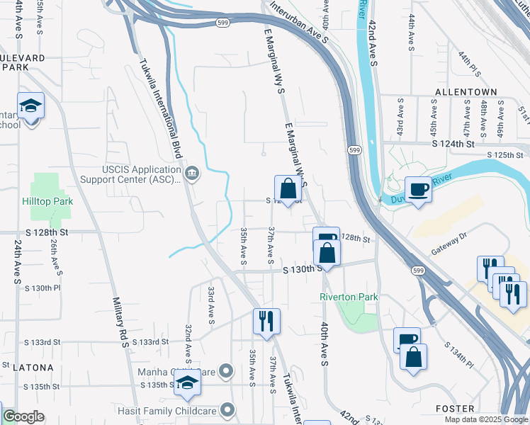 map of restaurants, bars, coffee shops, grocery stores, and more near 3525 South 126th Street in Tukwila