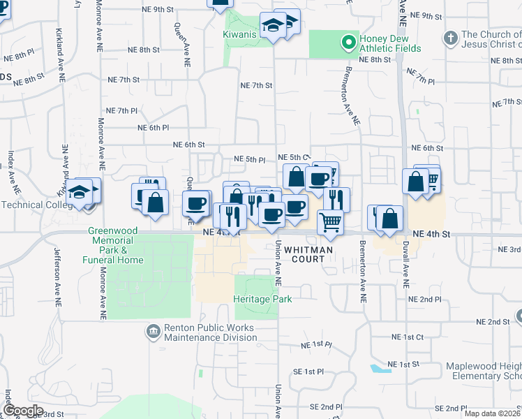 map of restaurants, bars, coffee shops, grocery stores, and more near 4042 Northeast 4th Place in Renton