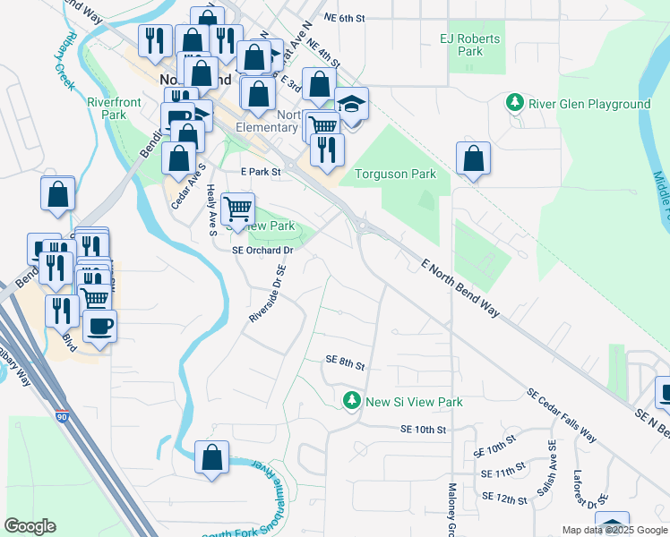 map of restaurants, bars, coffee shops, grocery stores, and more near 460 Southeast 5th Street in North Bend