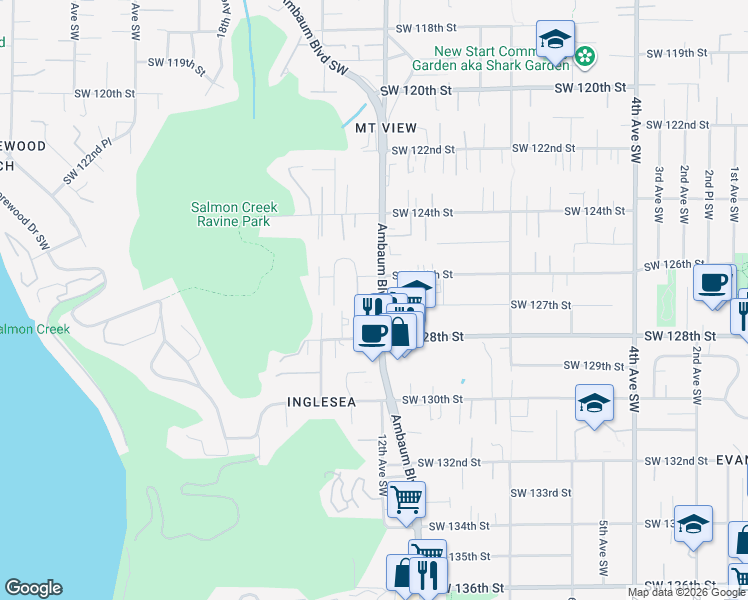 map of restaurants, bars, coffee shops, grocery stores, and more near 12621 Ambaum Boulevard Southwest in Burien