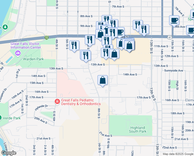 map of restaurants, bars, coffee shops, grocery stores, and more near 1319 7th Street South in Great Falls