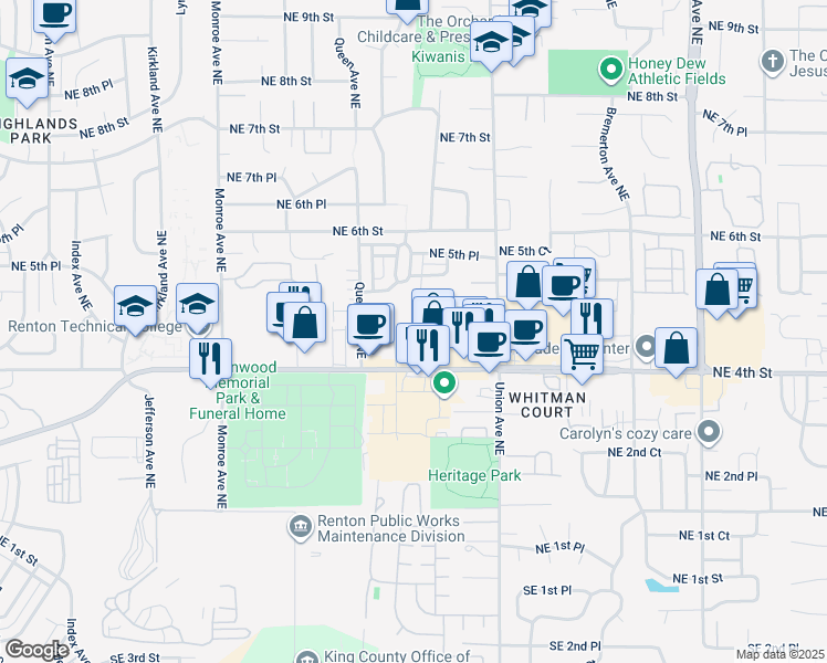 map of restaurants, bars, coffee shops, grocery stores, and more near 3788 Northeast 4th Street in Renton