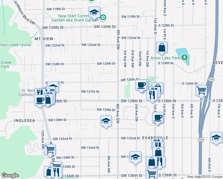 map of restaurants, bars, coffee shops, grocery stores, and more near 420 Southwest 127th Street in Seattle