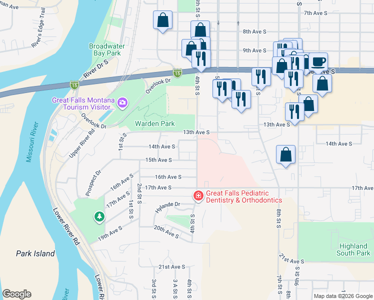 map of restaurants, bars, coffee shops, grocery stores, and more near 326 14th Avenue South in Great Falls