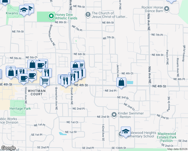 map of restaurants, bars, coffee shops, grocery stores, and more near 484 Field Place Northeast in Renton