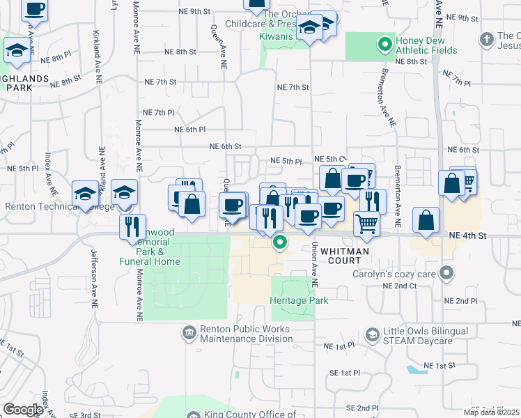 map of restaurants, bars, coffee shops, grocery stores, and more near 3788 Northeast 4th Street in Renton