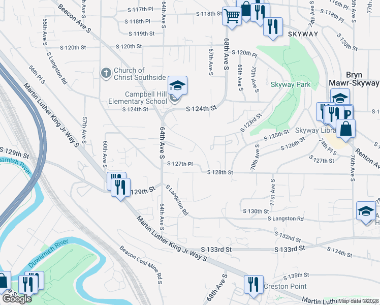 map of restaurants, bars, coffee shops, grocery stores, and more near 12616 Beacon Avenue South in Seattle