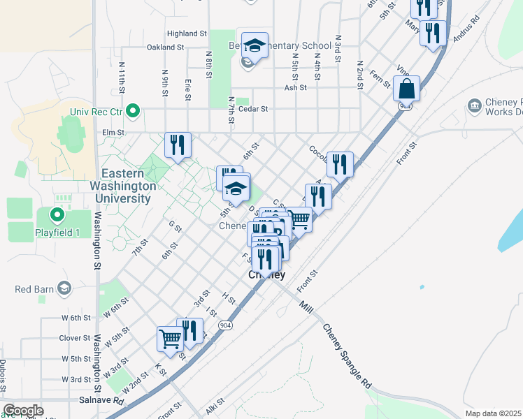 map of restaurants, bars, coffee shops, grocery stores, and more near 615 4th Street in Cheney