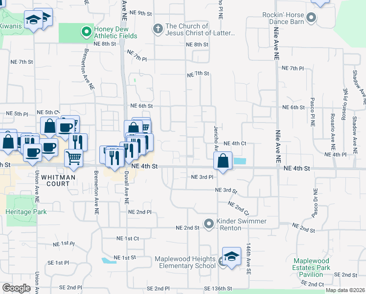 map of restaurants, bars, coffee shops, grocery stores, and more near 493 Hoquiam Place Northeast in Renton