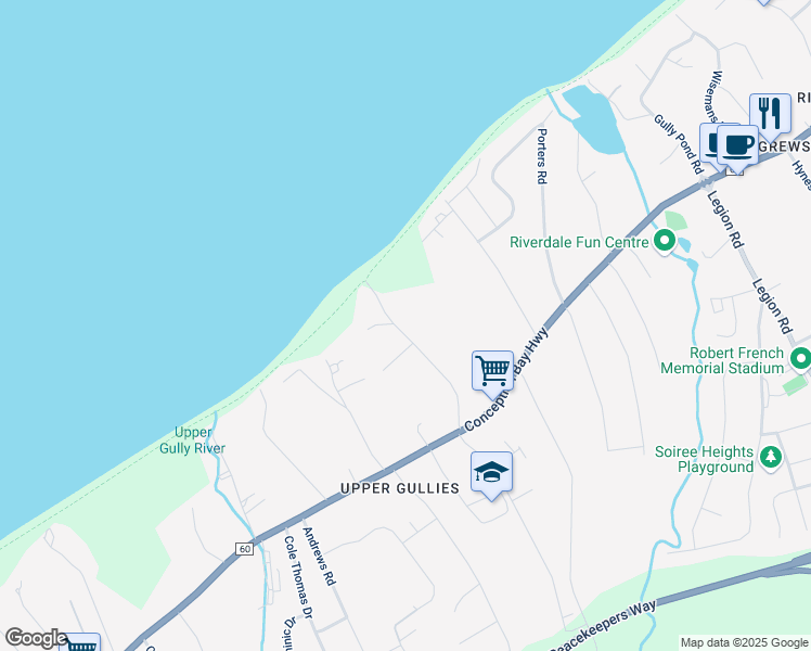 map of restaurants, bars, coffee shops, grocery stores, and more near 48 Roberts Road North in Conception Bay South