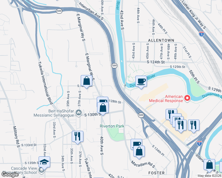 map of restaurants, bars, coffee shops, grocery stores, and more near 4035 South 126th Street in Tukwila