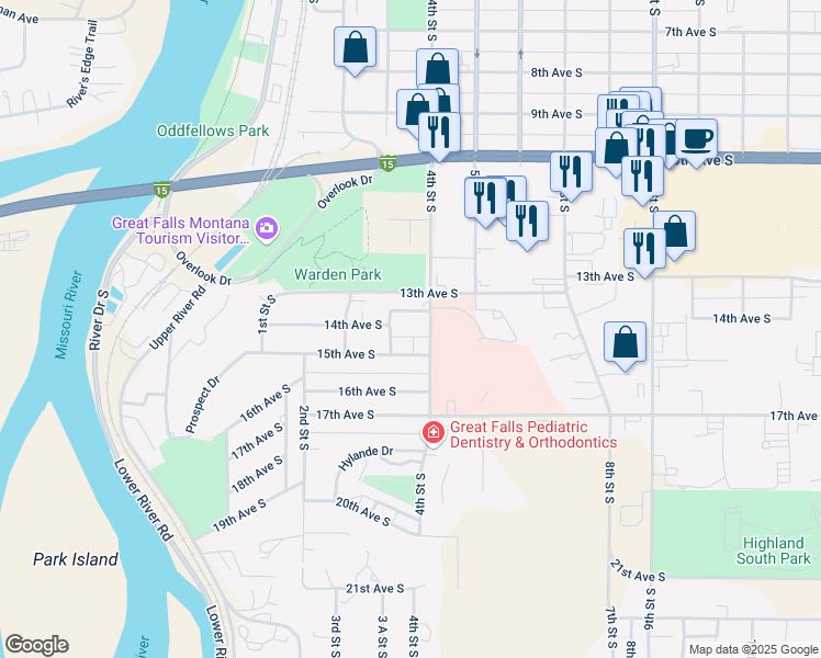 map of restaurants, bars, coffee shops, grocery stores, and more near 326 14th Avenue South in Great Falls