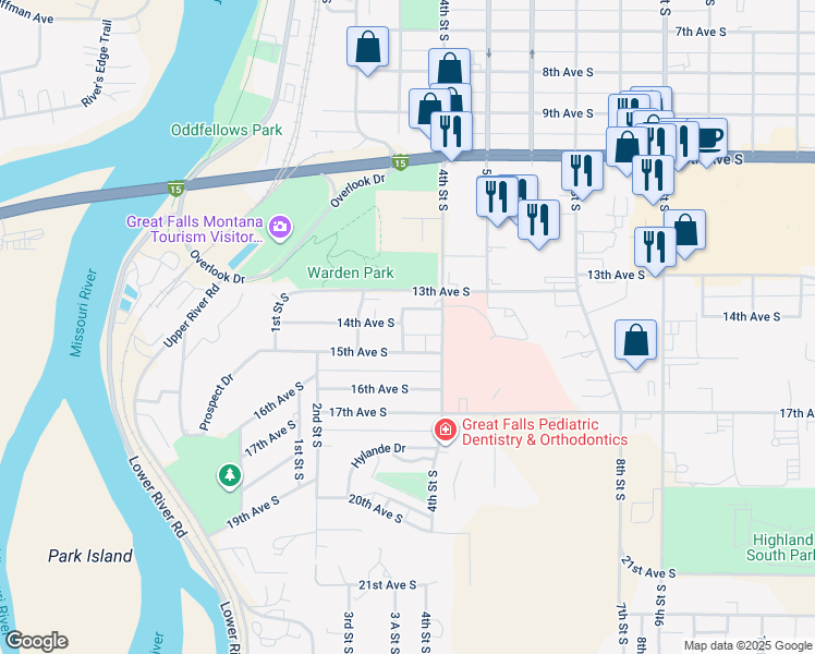 map of restaurants, bars, coffee shops, grocery stores, and more near 219 14th Avenue South in Great Falls