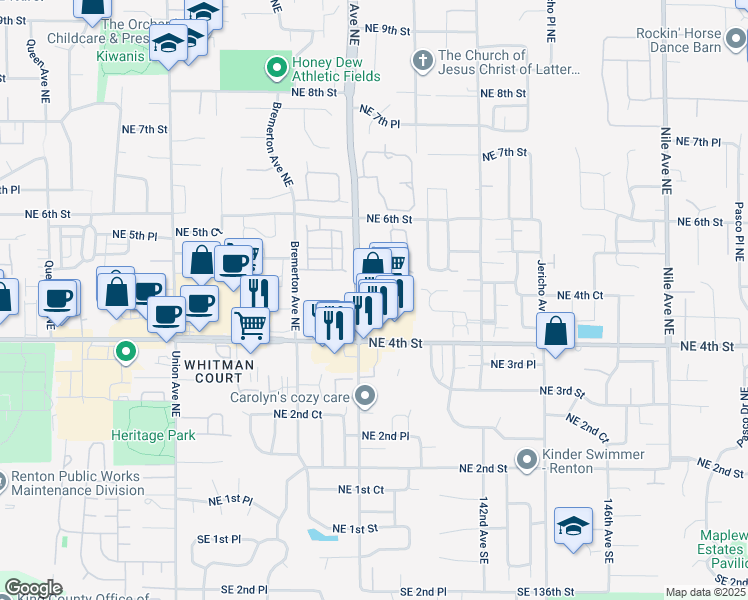 map of restaurants, bars, coffee shops, grocery stores, and more near 4700 Northeast 4th Street in Renton