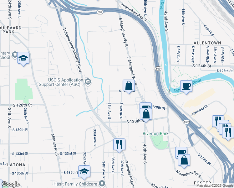 map of restaurants, bars, coffee shops, grocery stores, and more near 3525 South 126th Street in Tukwila