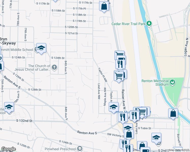 map of restaurants, bars, coffee shops, grocery stores, and more near 500 Stevens Avenue Northwest in Renton