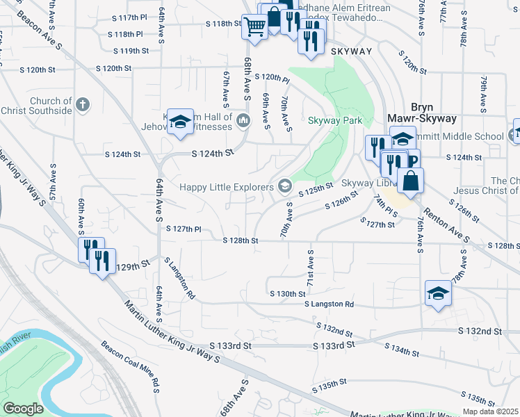 map of restaurants, bars, coffee shops, grocery stores, and more near 12519 69th Avenue South in Seattle