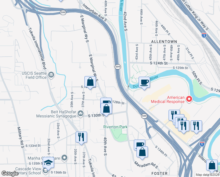 map of restaurants, bars, coffee shops, grocery stores, and more near 4015 South 126th Street in Tukwila