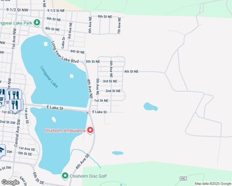 map of restaurants, bars, coffee shops, grocery stores, and more near 609 2nd Street Northeast in Chisholm