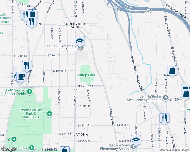map of restaurants, bars, coffee shops, grocery stores, and more near 12605 Military Road South in Seattle