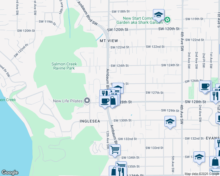 map of restaurants, bars, coffee shops, grocery stores, and more near 1121 Southwest 126th Street in Seattle