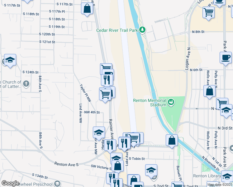 map of restaurants, bars, coffee shops, grocery stores, and more near 540A Perimeter Road West in Renton
